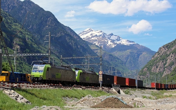 Ein Güterzug mit Containern fährt vor einer Bergkulisse vorbei.