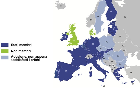 Carta dell’Europa con i paesi membri dell'Unione economica e monetaria 